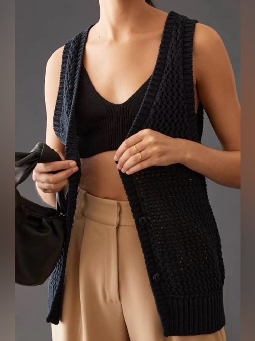 Maeve Tammie Jo Black Open Knit Sweater Vest Chunky Mesh Layering Top Size S
